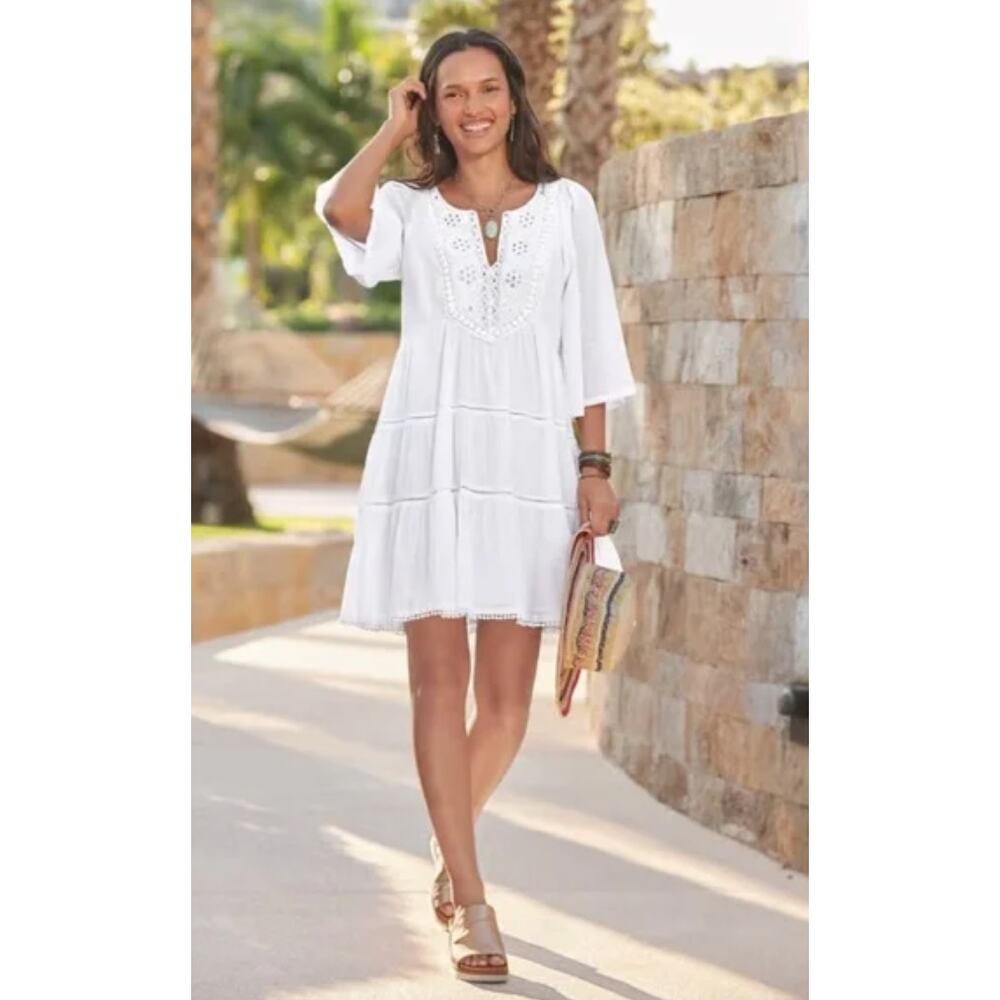 Sundance White "Sahara" Embellished Oversized Babydoll Gauzy Mini Dress Sz PL
